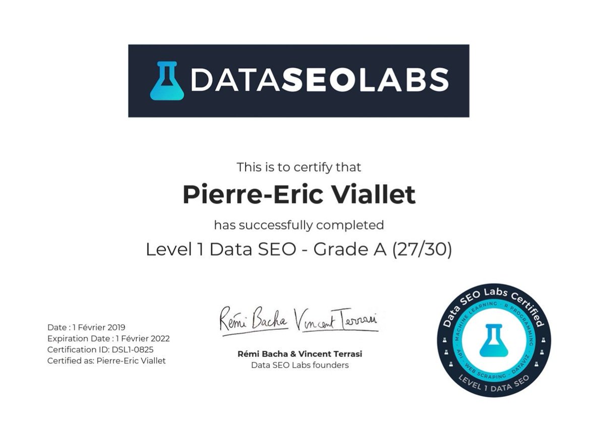 Torreip's tweet image. Certifié @dataseolabs Niveau 1 🥇🤓 🎉. Merci @VincentTerrasi et @Remibacha pour votre pédagogie et tous vos partages. Il va maintenant s&apos;agir de se dégager du temps pour digérer, approfondir le R et tester... #data #seo #dataseo