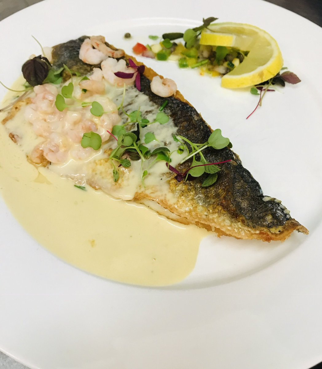 grumpybrockham's tweet photo. Our sea bass with dill and prawn cream is very popular at the moment #delicious https://t.co/MDDed9jJ1v