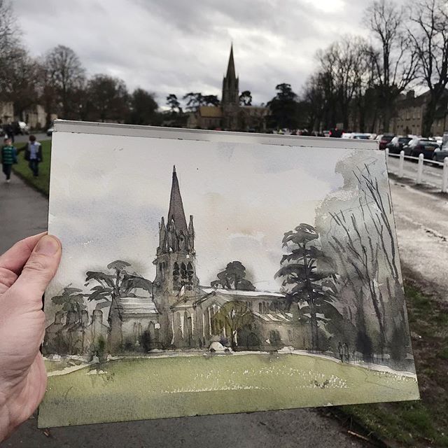 JonathanBrayArt's tweet photo. St. Mary’s, Witney, ominous under a grey sky! The church dates from 1253 - but was substantially rebuilt by GE Street in 1864. 
#witney #stmarys #church #archisketcher #sketch #painting #watercolour https://t.co/0VRf8qxPRt https://t.co/Ix4jWpT648
