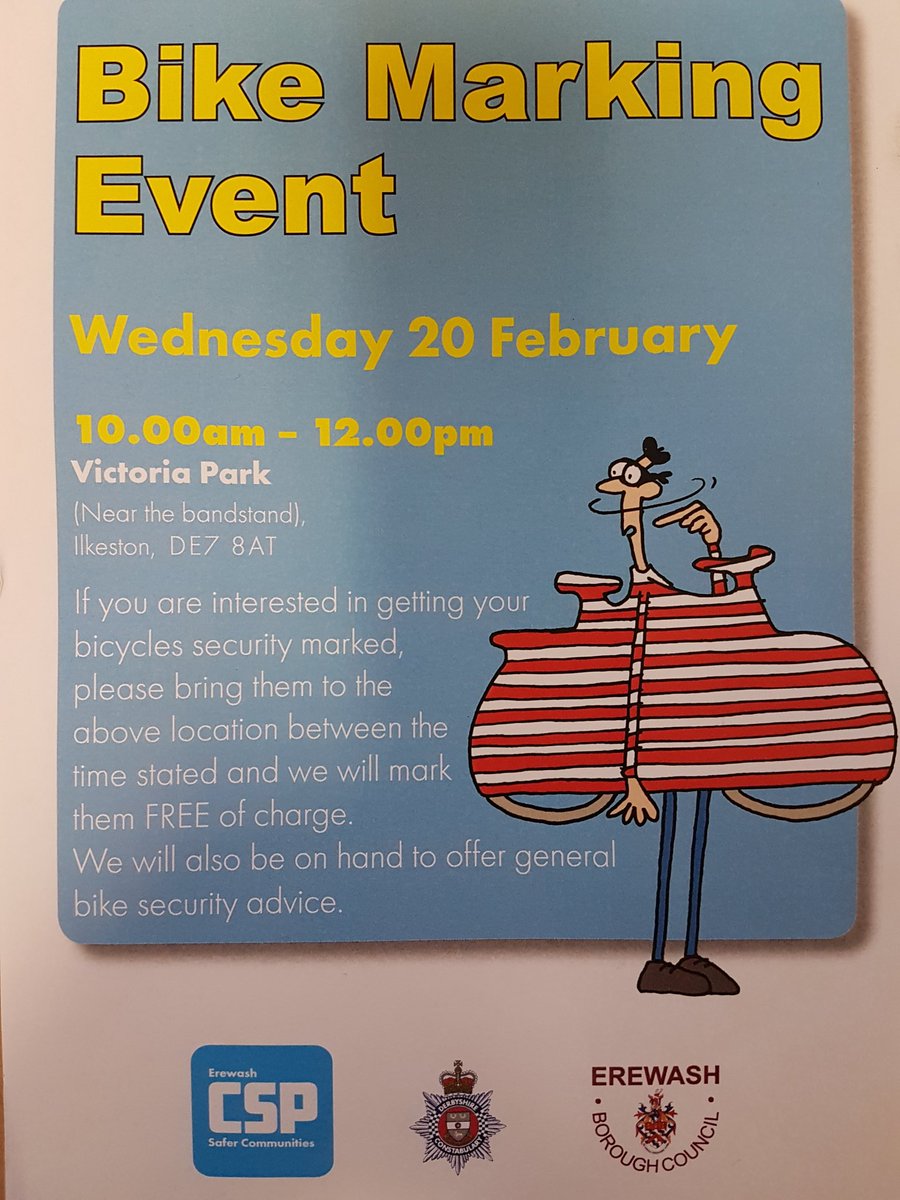KirkHallamSNT's tweet photo. Free #BikeMarkingEvent. Bring your bikes down to register them Free with #BikeRegister #crimePrevention #CycleSecurity #Community #Ilkeston https://t.co/UsRwcKOfUa