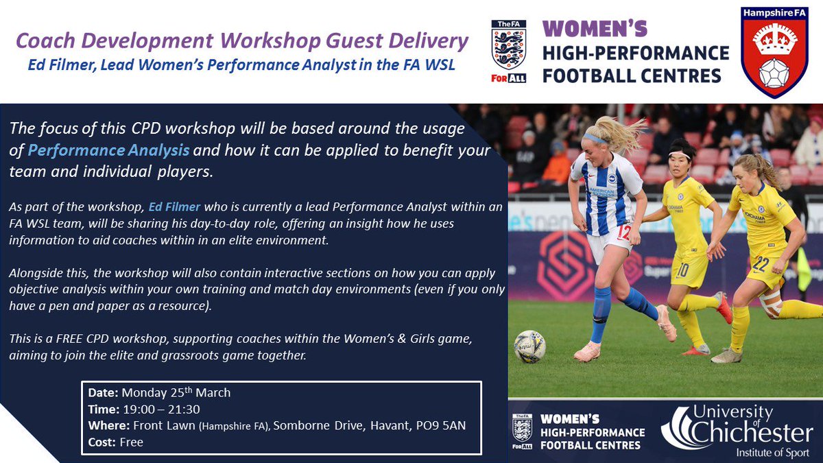 FloLunn4's tweet image. Are you coaching in the Women &amp;amp; Girls Game?
Are you interested in Performance Analysis and how to use it within the grassroots game?
Come along to our CPD event with a @FAWSL staff member in conjunction with the Women's High Performance Centre. 
Register: eventspace.thefa.com/hampshirefa/pa…