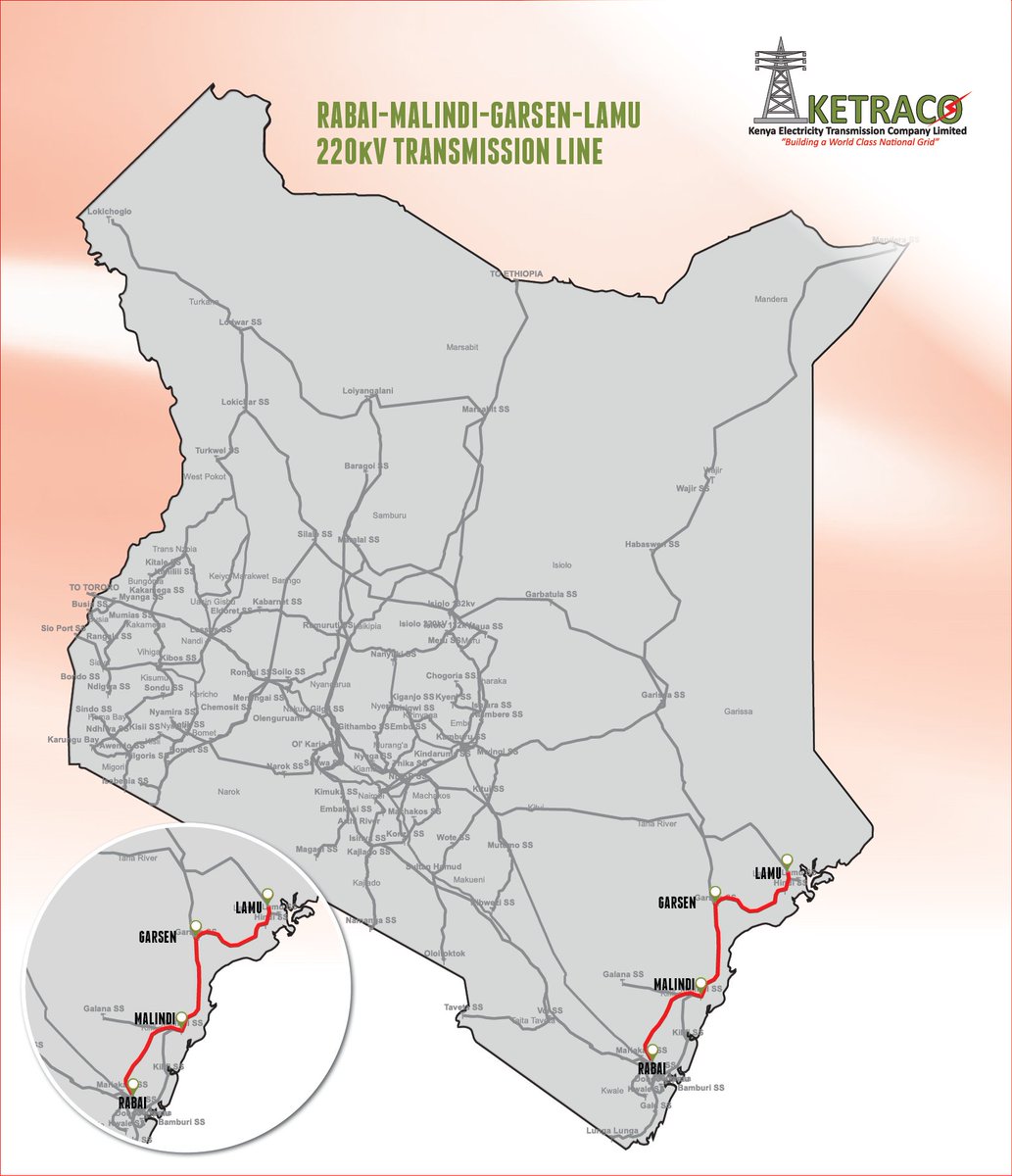 KETRACO1's tweet photo. The Rabai- Malindi- Garsen- Lamu Transmission Line, one of our completed projects, is our second longest transmission line covering 328.5 KM. This is a 220kV line that was commissioned in November 2015.
#KetracoProjects #EnergyGameChanger #ReliableEnergy #NationalGrid https://t.co/Qm8WwcV3ME