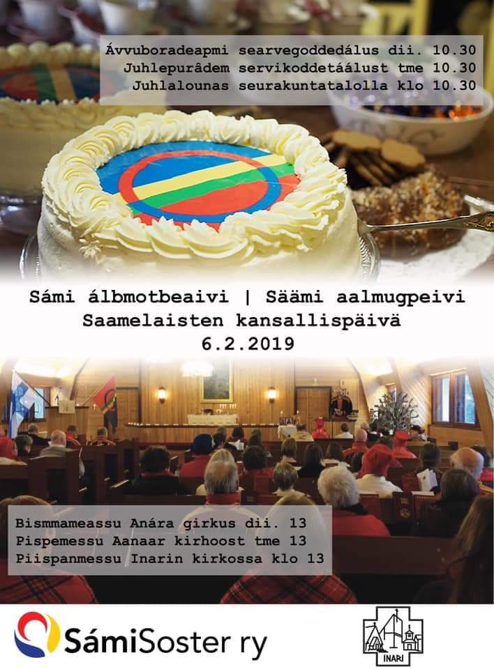 Huomenna saamelaisten kansallispäivän juhlalounas Inarin seurakuntatalolla klo 10.30, tervetuloa! | Ihttin Sámi álbmotbeaivvi ávvuboradeapmi Anára searvegoddedálus dii. 10.39, bures boahtin!