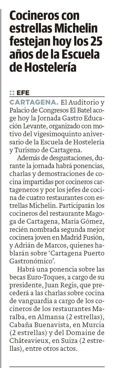 Compartimos las noticias más relevantes de la prensa escrita que afectan a nuestro sector:
➡️“Cocineros con estrellas Michelin festejan hoy los 25 años de la Escuela de Hostelería”
➡️“El portal de viajes Atrápalo incluye la ciudad entre sus destinos ideales de fin de semana”