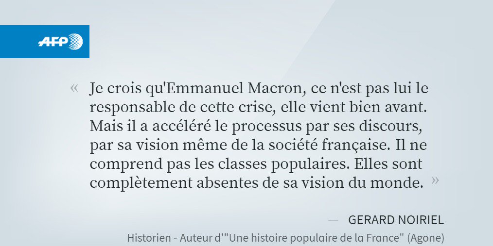 E. Macron "ne comprend pas les classes populaires", estime l'historien Gérard Noiriel, critiquant le manque d'"humilité" d'un chef de l'État qui prend la parole pendant des heures dans un grand débat où "normalement, c'est la parole aux Français" u.afp.com/JotW #AFP