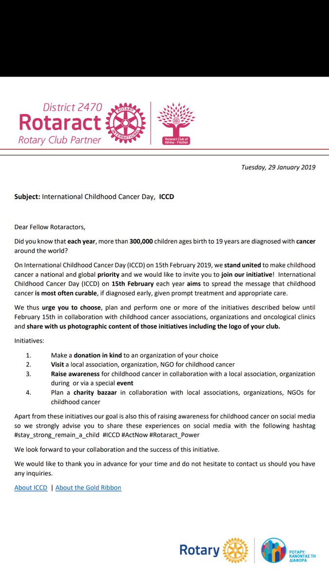 RFilothei's tweet photo. International Childhood Cancer Day (ICCD). Did you know that every year 300.000 children are diagnosed with cancer? #iccd #rotary #rotaract #racfilothei #rotaract_club_of_athina_filothei #rotary_international https://t.co/9lPtjejTDN