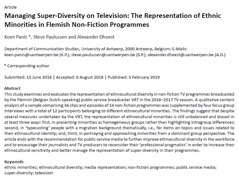 UAntwerpen_Comm's tweet photo. New #openaccess article in @CogitatioMaC by @KoenPanis, @StevePaulussen, and @ADhoest on the #representation of #ethnic #minorities in Flemish non-fiction programmes of public service broadcaster @VRT. Read the full article here: https://t.co/63kuZjH7IR https://t.co/s92X3GKr9o