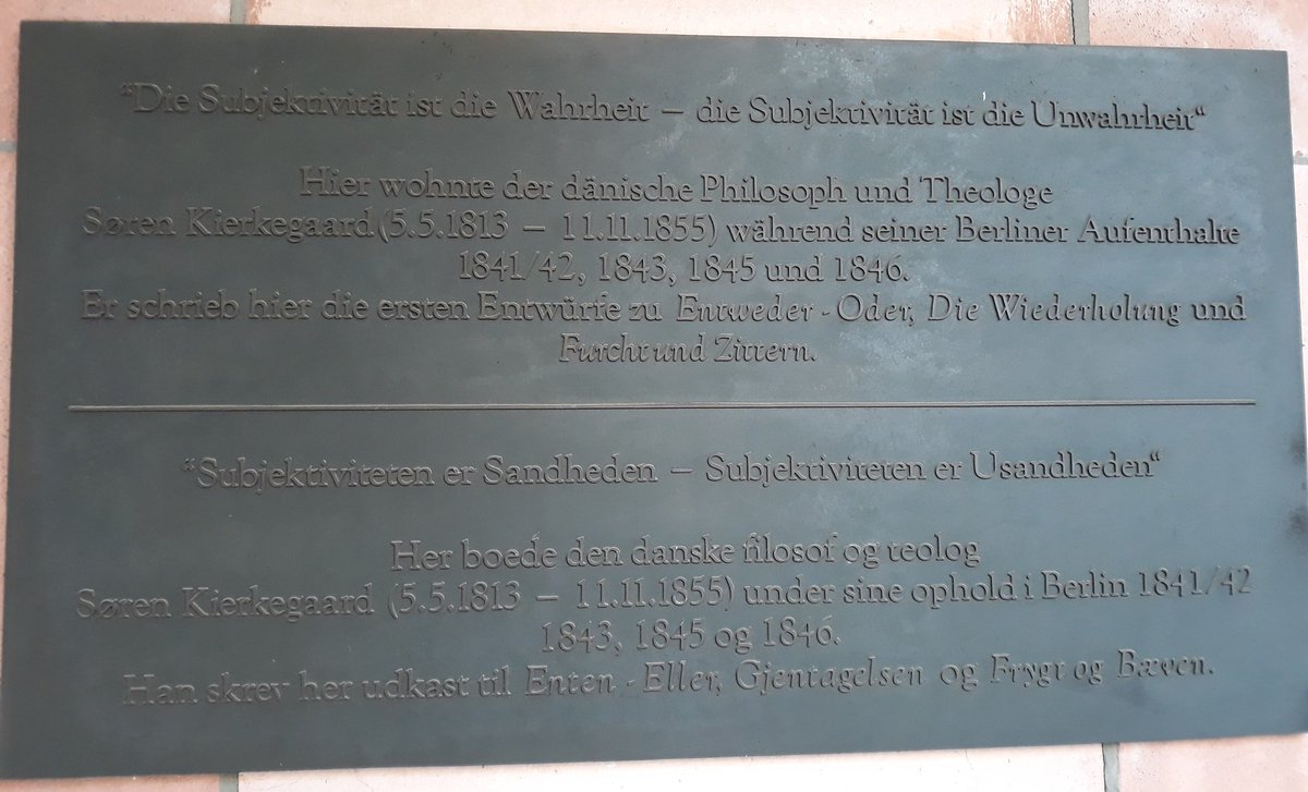 24\\ Søren Kierkegaard stayed at this spot during his Berlin stays in 1841/42, 1843, 1845, and 1846. He wrote drafts of “Either/Or”, “Repetition”, and “Fear and Trembling” here. For his relevance to economists and why he would have been great on Twitter:  https://www.economist.com/free-exchange/2013/05/09/soren-kierkegaard