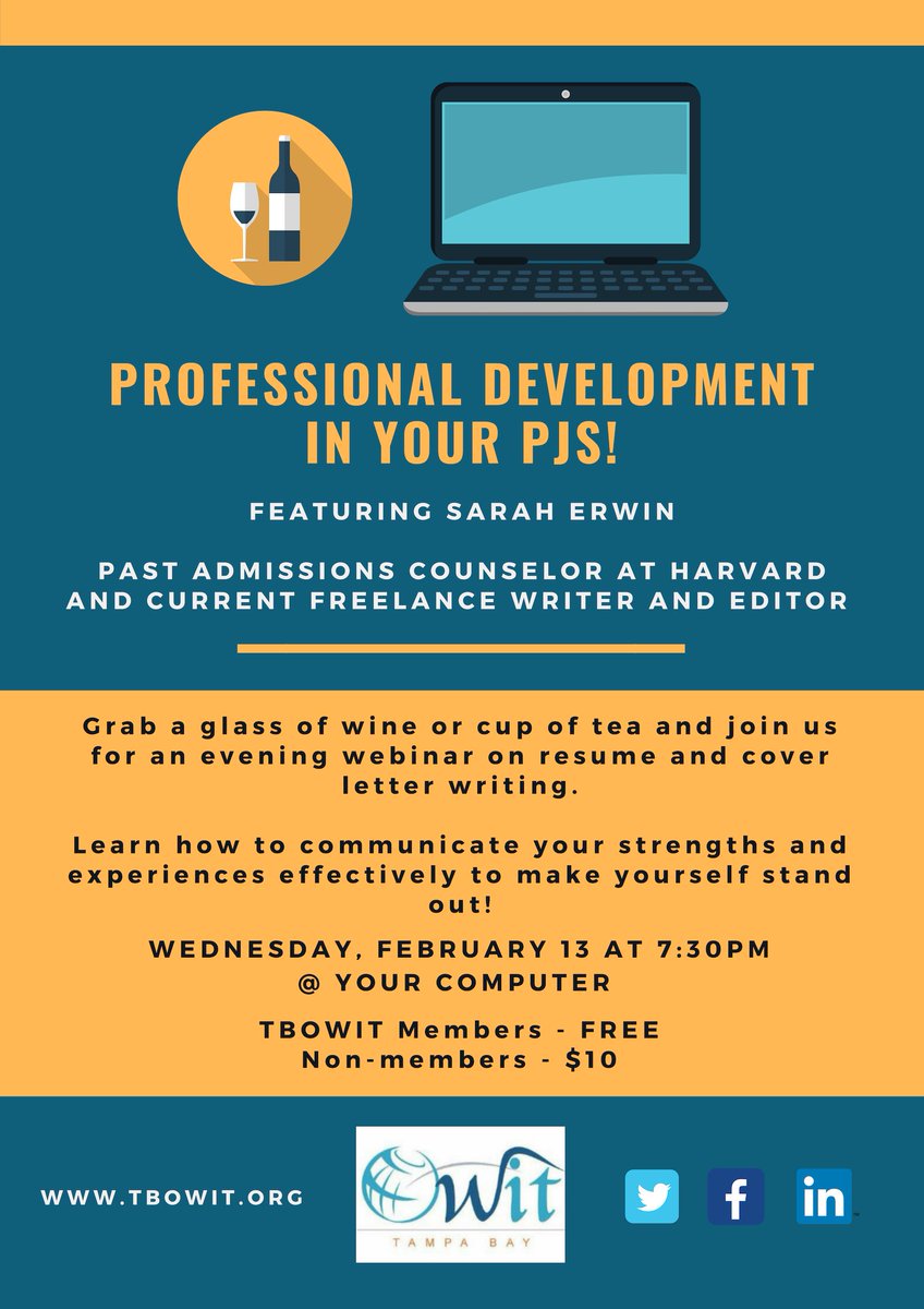 TBOWIT's tweet photo. Join us at your computer for this month's #webinar on #resume and cover letter #writingtips with Sarah Erwin, past admissions counselor at @Harvard &amp; current freelance writer and editor! 
Register today at https://t.co/AE5KLYdsye. https://t.co/IR93cUFXMu