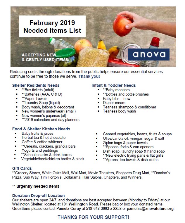 linzsage's tweet photo. RT @AnovaFuture: Our February Needed Items list! Help us keep our operating costs down, reduce waste in our landfills with gentled used items, and support  a fresh start to those we serve in  #ldnont https://t.co/2O4aBDl3OH