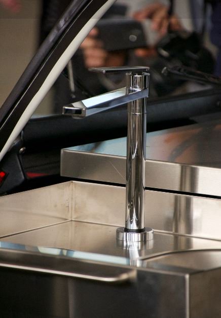 Did you know our #Dolly #2CV has both Hot &amp; Cold water on board ? Dispensed from this amazing retractable mixer tap from <a href="/arteform/">arteform</a> giving us water to both her sinks, such a clever &amp; stylish bit of Kit from Next Age - GADA in Itlay  #design #stainlesssteel #kitchendesign