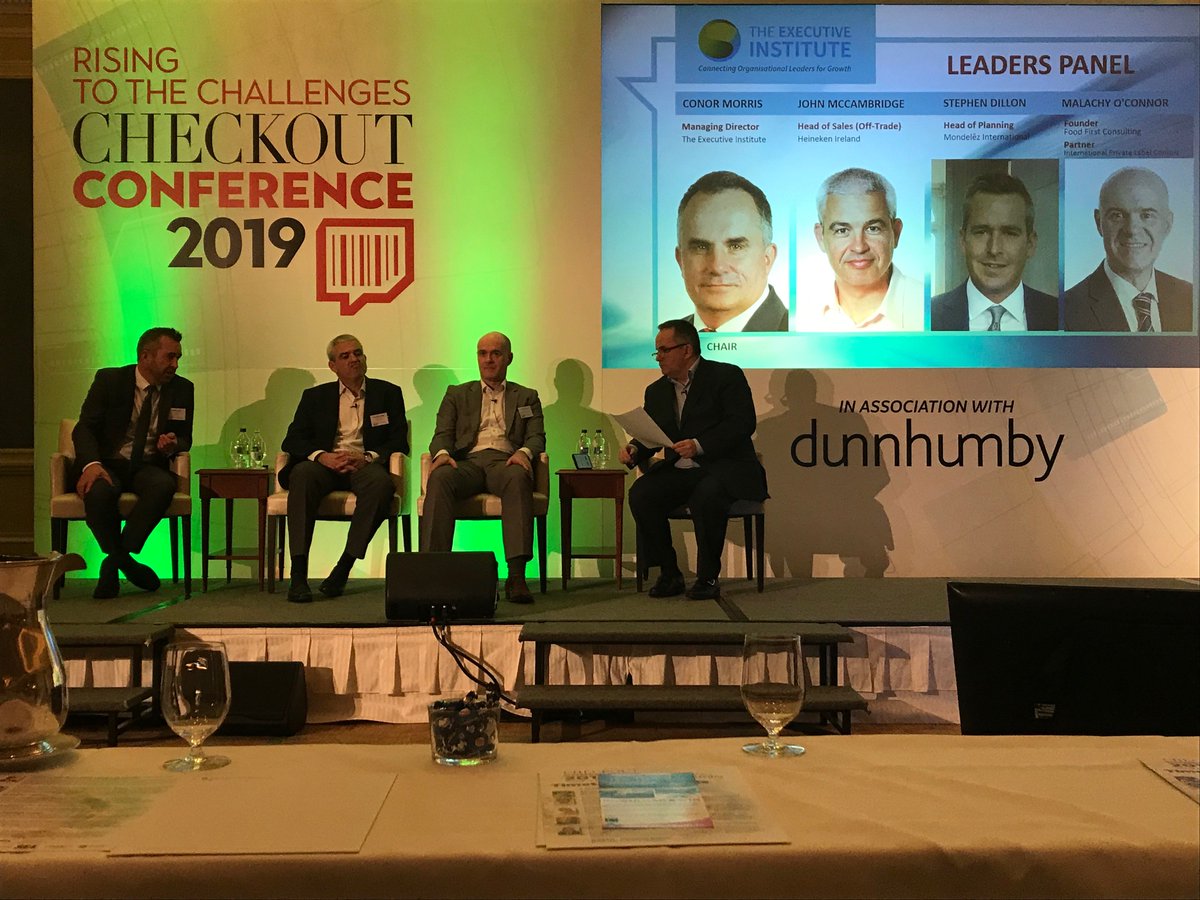 CheckoutIreland's tweet photo. The final act of the #CheckoutConference is our Leaders Panel, as John McCambridge, head of sales @Heineken Ireland, Stephen Dillon, head of planning at @MDLZ, and Malachy O’Connor are all joined by Panel Chair Conor Morris, managing director of the Executive Institute. https://t.co/LCAcZPOYgQ