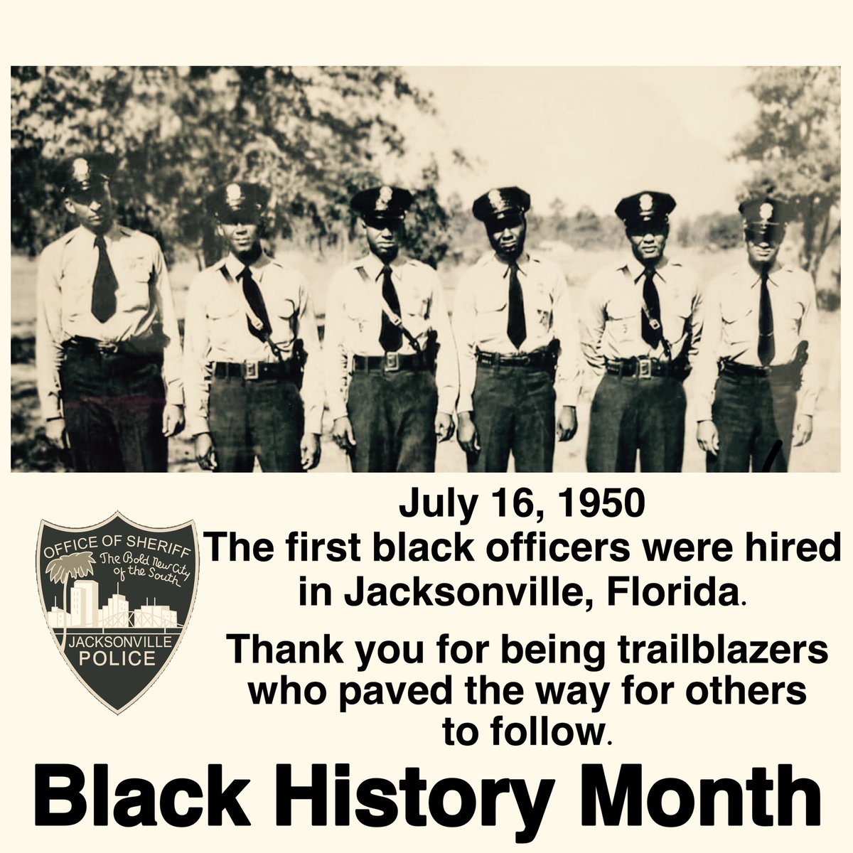 JSOPIO's tweet photo. Meet the first black officers in #Jacksonville, Florida.

Officers Henry Harley, Edward Hickson, Alvin Janes, Beamon Kendall, Marion Massey, and Charlie Sea.  

Thank you for being trailblazers who paved the way for others to follow.

#BlackHistoryMonth https://t.co/O9Jaqx5kcH