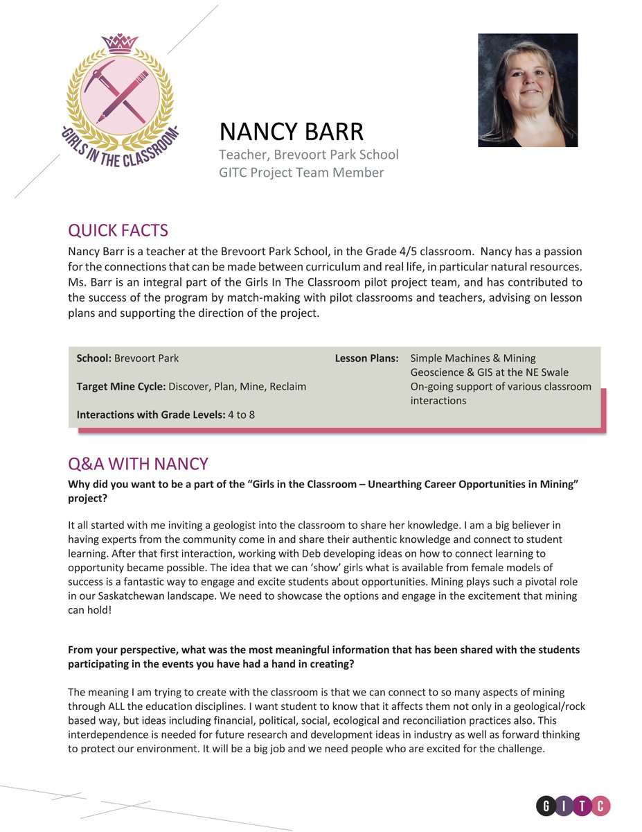 GITC_Mining's tweet photo. Please RT to applaud teacher Nancy Barr for her inspiring amount of enthusiasm (read below!) for bringing real life to the classroom, in particular how natural resources &amp; #mining intersect with humanity. Thank you for shaping this journey as part of our GITC project team! https://t.co/uiNUHTk1P3
