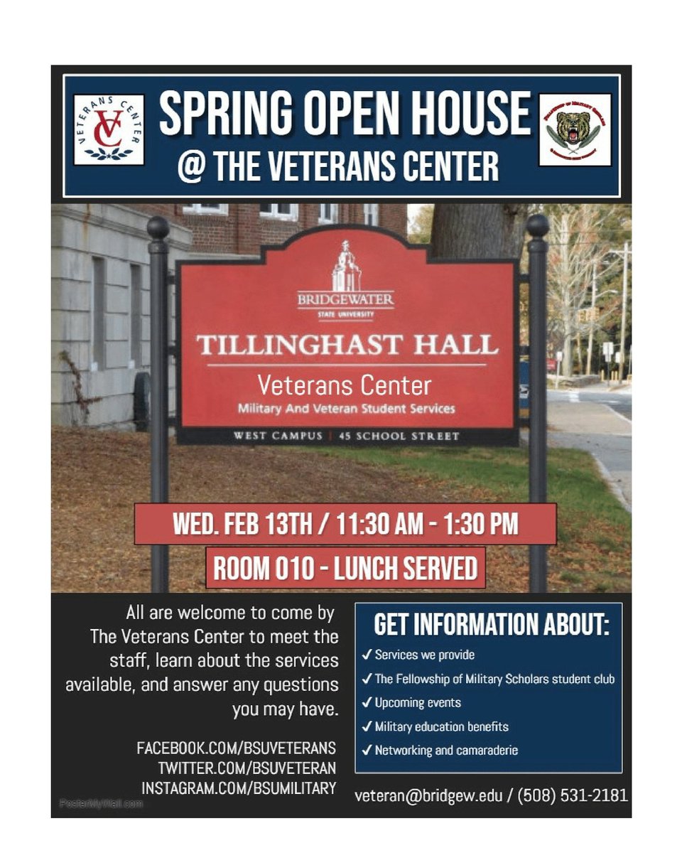 BSUVeteran's tweet photo. All are welcome to join us in the Veterans Center for the Spring Open House on Feb. 13th! Stop by 11:30am-1:30pm. Lunch will be served. We hope to see you there! #bsuveteranscenter #veteranscenter #openhouse #bsumilitary #fellowshipofmilitaryscholars https://t.co/Guk9TyX3XO