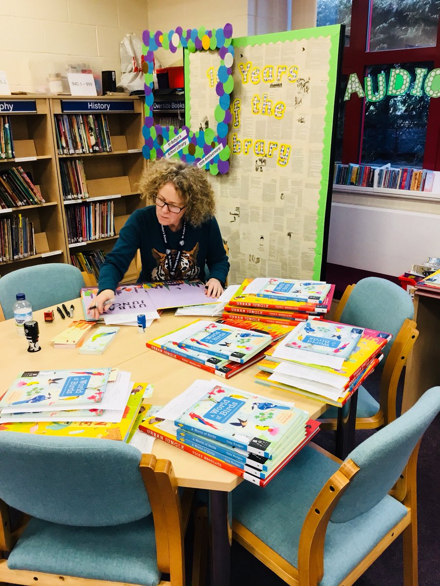 StAubynsLibrary's tweet photo. There was quite a lot of signing for @vickywoodgate to do today! A lot of excited children (and teachers) will be receiving their signed books tomorrow! #10YearsoftheLibrary #10thAnniversary #GreatSchoolLibraries https://t.co/bfHCYo23JU