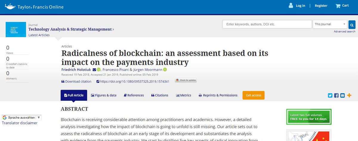 Heute wurden die finalen Ergebnisse unserer Delphi-Studie publiziert! Unsere Analyse der Radicalness und des Einflusses der #Blockchain-Technologie auf den Zahlungsverkehrsbereich wurde im Technology Analysis &amp; Strategic Management Journal veröffentlicht. tandfonline.com/doi/full/10.10…