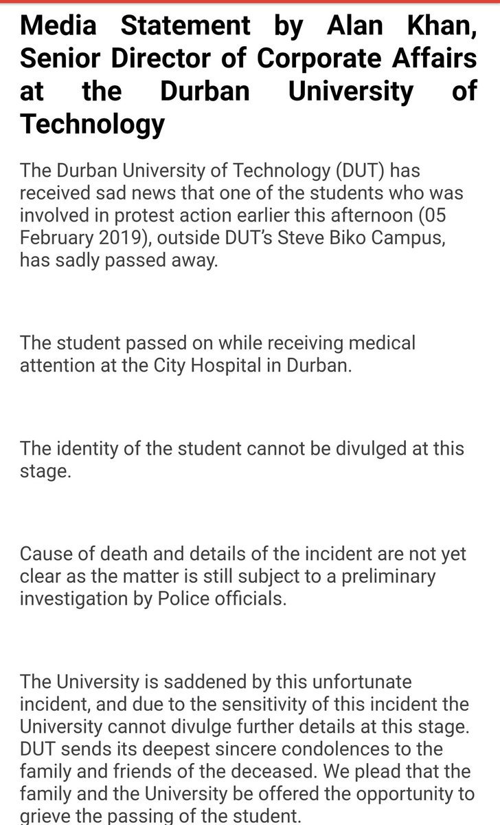 TeamNews24's tweet photo. BREAKING: The Durban University of Technology (DUT) has confirmed that a student has died following protests today. (@kaveels) https://t.co/sgBrOf6DKB