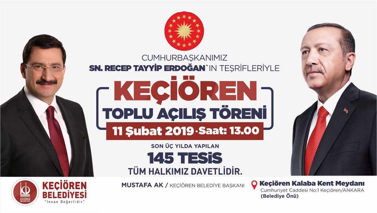 kbbmustafaak's tweet photo. Cumhurbaşkanımız Sn. Recep Tayyip Erdoğan’ın teşrifleriyle son üç yılda yapılan 145 tesisimizin açılışını gerçekleştireceğiz. 

11 Şubat 2019 saat 13.00’da Keçiören Toplu Açılış törenimize tüm halkımız davetlidir.
@RT_Erdogan @Akparti @hakanhanozcan @mehmetozhaseki https://t.co/rpsUwiufLG