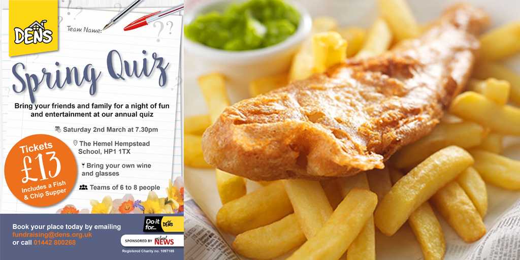 Quiz &amp; Chips... What more could you want?! 🍟🤔
Tickets are selling fast - Don't miss out and book your table today! Contact the fundraising team at fundraising@dens.org.uk
@ConnectDacorum #charitytuesday #quiz #endhomelessness #hemel #dacorum #Hertfordshire