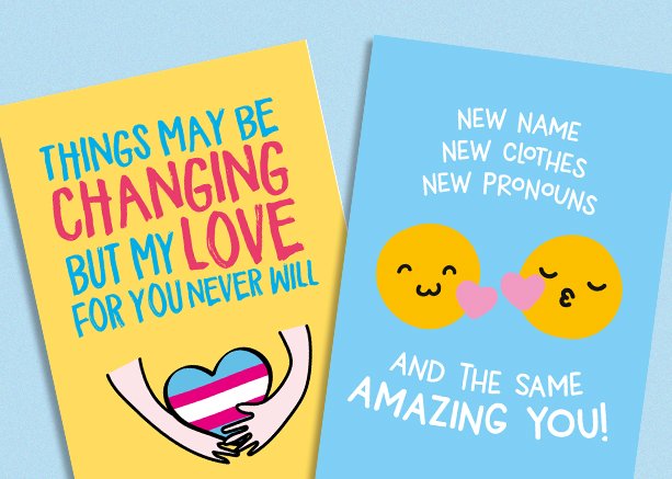 DesignerSeg's tweet photo. New cards! It's time to celebrate the T in LGBTQ+ with my new range of cards celebrating transgender love, journeys, people and those all important steps towards being you! Available online at https://t.co/vjpHgan71Q @thortful https://t.co/Cg5YAHrsC1