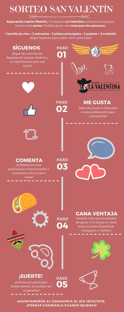 LlantasMadrid's tweet photo. 💛 #SORTEO  #SANVALENTÍN 💛

CENA PARA 2 PERSONAS #gratis. Con #RLM y #LaValentina.

1. SÍGUENOS. 
2. RT.
3. MENCIONA A LA PERSONA CON LA QUE CENARÍAS.

Gana ventaja participando en Face e Insta.

¡MUCHS #SUERTE! Finaliza el 18/2/19. ¡Si ganas podrás canjearla cuando quieras! 💛 https://t.co/D4rrtiFzpl