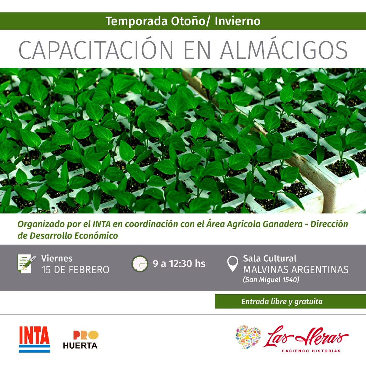 🌱🌽🍆 CAPACITACIÓN DE ALMÁCIGOS

👉🏻 Viernes 19 de febrero, 9 hs. Sala Malvinas Argentinas.
👉🏻 ¡Te esperamos 20 minutos antes del inicio de la Capacitación para que te inscribas! 
👏🏻 Participación libre y gratuita!!!
📓 Entrega de material didáctico y semillas