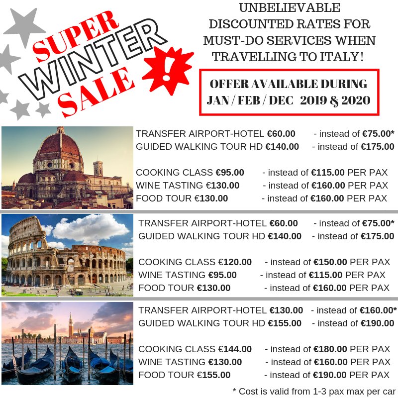 SUPER WINTER SALE!
Unbelievable discounted rates for MUST-do services when travelling to 
Italy! romeanditaly.com/package/super-… #instalike #italy #romeanditalytours #discoveritaly #instaitaly #Italyoffer #italytours