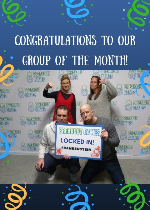 Congratulations to January's #groupofthemonth !
These four took on our Frankenstein room as their very first foray into escape games and we're so much fun to host! 
Congratulations Christine Wilson and team who win themselves a £60 pizza hut voucher! Yum yum! #escapegame #winners