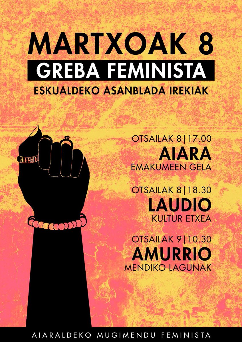 Martxan jarraitzen dugu!! Aste honetako eskualdeko deialdi ezberdinak:

➡️ Otsailak 8 | 17.00etan Aiaran eta 18.30etan Laudion
➡️ Otsailak 9 | 10.30etan Amurrion

#M8GrebaFeminista #HeteropatriarkatuKapitalistariPlanto