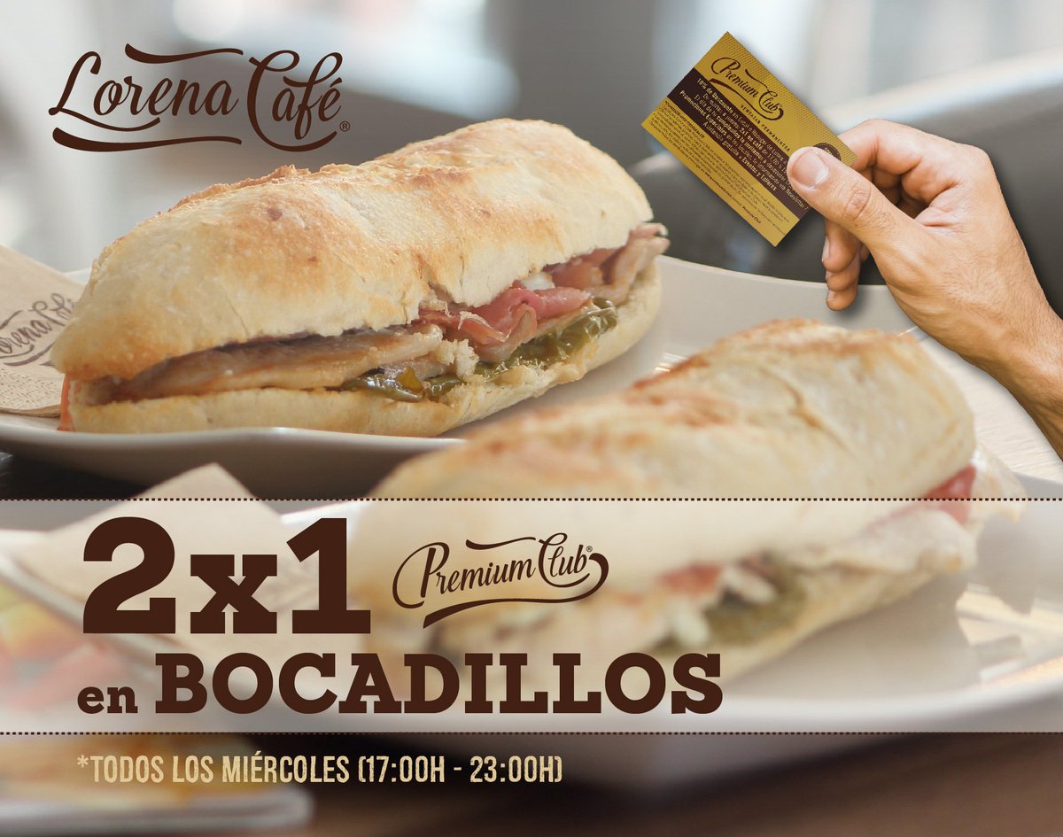 LorenaCafe's tweet photo. ¡BOMBAZO #PREMIUM!💥 Resérvanos TODOS tus MIÉRCOLES porque tienes 2x1 en TODOS nuestros bocadillos de 17:00 a 23:00 h al presentar tu #TarjetaPremium 
*PROMO disponible todos los Miércoles (No festivos). Se abonará el bocadillo de mayor valor. No acumulable con otras promociones. https://t.co/ZU4FE7F03B