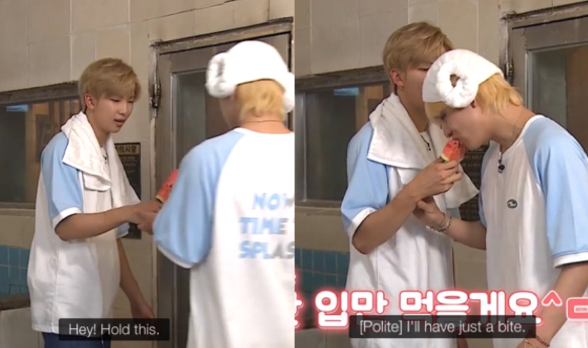 sceneryfortae's tweet photo. 🐯: i’ll just have a bite

Namjoon’s reaction when Taehyung asked him to hold the watermelon and then ate almost the whole piece with just a bite SNSJSJX I CANT BREATHE “HE STOLE MY WATERMELON” @BTS_twt https://t.co/A8CJvYT9BT
