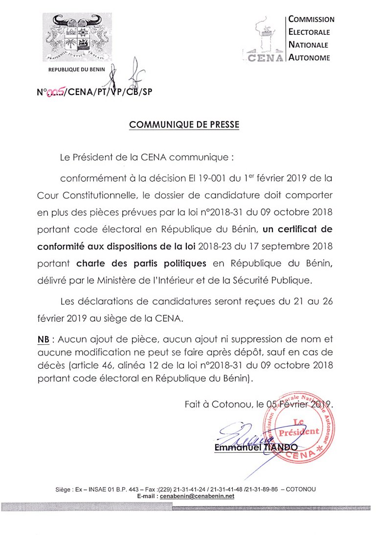 COMMUNIQUE DE PRESSE A L'ATTENTION DES PARTIS POLITIQUES <a href="/Cenabenin_info/">CENA BÉNIN</a> #Benin #Presse @rue229 @Wasexo <a href="/Abpbj/">Agence Bénin-Presse</a> @Benin_Numerique <a href="/africanewsfr/">Africanews Français</a> <a href="/AfricaPressNews/">Press News Africa</a> #le229 <a href="/PresidenceBenin/">Présidence du Bénin</a> <a href="/RPresse/">Revue de Presse</a> <a href="/BanoutoBenin/">Banouto</a>,<a href="/bbcafrique/">BBC News Afrique</a> ,<a href="/golfetv/">Golfe Medias</a> ,<a href="/a24media/">A24MAX</a> <a href="/AFRICA24TV/">#AFRICA24</a>  #Législatives  <a href="/ECESeu/">European Centre for Electoral Support (ECES)</a>