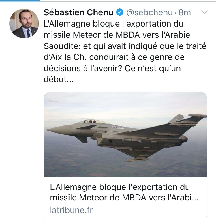 MarcGral's tweet photo. Cela n’a absolument rien à voir avec le Traité d’Aix-La-Chapelle. 
Mais c’est doublement intéressant de
1/ noter que le #RN souhaite que l’on vende des armes à l’Arabie Saoudite 2/ que les intox sont le seul programme de Marine Le Pen pour les Européennes @sebchenu https://t.co/kMUY3rBPDm
