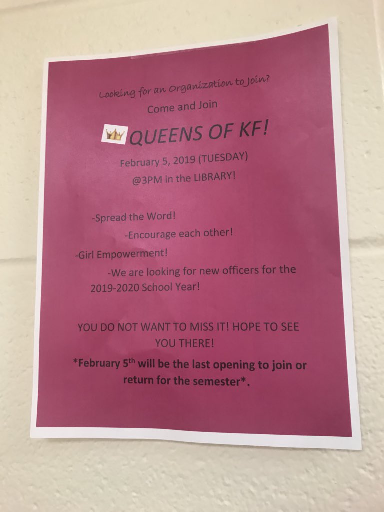 Queensofkf's tweet photo. Hey Queens, today is the FINAL day to join Queens of KF ‼️ Including the only day to run for an officer position! We hope to see you Queens in attendance! 😉 Today’s meeting will be held in the library from 3-4! https://t.co/uyeqHv8euq