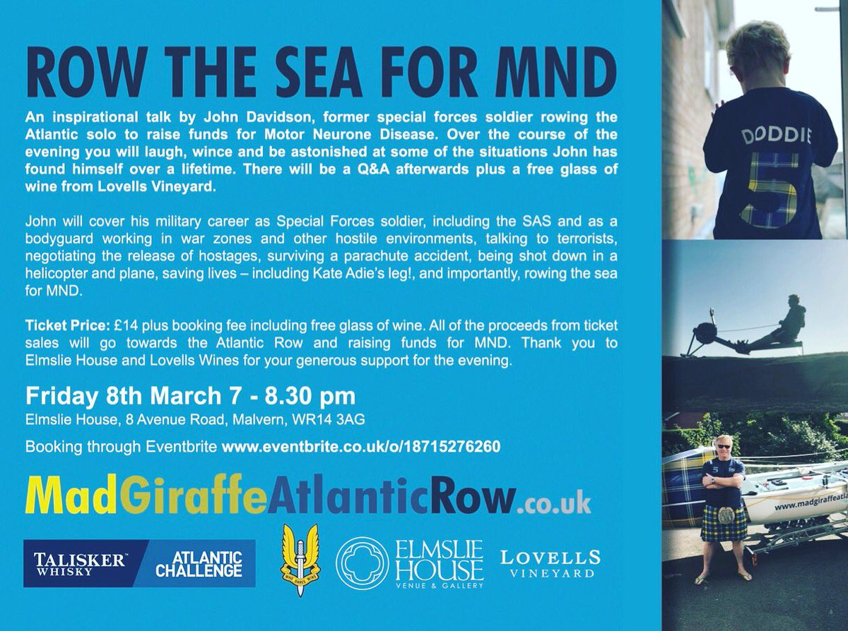 madgirafferow's tweet photo. Hope you can join me for the inaugural talk in Malvern. Only 80 seats so be quick. #MND #doddieweir5 #loveyourfamily #talisker #malvernhills #rowtheocean #find-a-cure #3000miles #sas #scottish-team #dosomethinginspiational #jottnar #solentstevedores https://t.co/6b8E1Owkpb