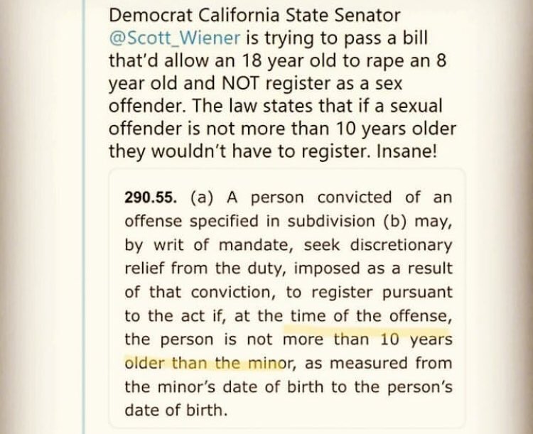 Bigfnjet's tweet photo. Why is @Scott_Wiener trying to make sex crimes, NO! Sex crimes against CHILDREN a lessor offense? This dude got some secrets! Or he’s paving the way for #pedos  #California needs to wake up before it’s to late https://t.co/AiKVck36dY