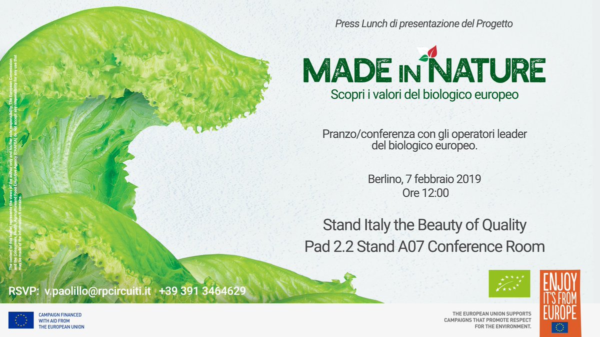 CSOItaly's tweet photo. 7 febbraio h 12.00 / hall 2.2 stand ITALY A07: press lunch di presentazione ai media del progetto #MadeInNature dedicato al #biologico italiano.
#bio #OrganicFood #CSOItaly #FruitLogistica https://t.co/lv5YY6oPkM