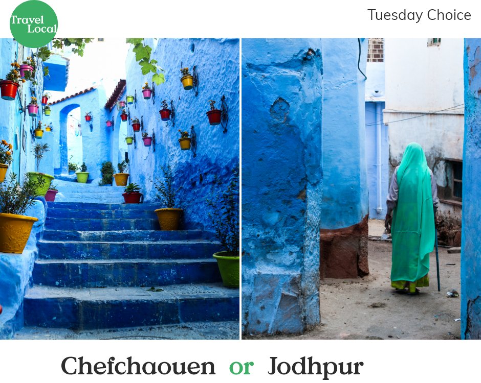 TravelLocal's tweet photo. It's time for another Tuesday Choice! Which blue city would you rather explore - the pretty streets of Chefchaouen or the bustling atmosphere of Jodhpur? Let us know in the comments!
#TuesdayChoice #Travel #ttot https://t.co/8DiQkFePIn