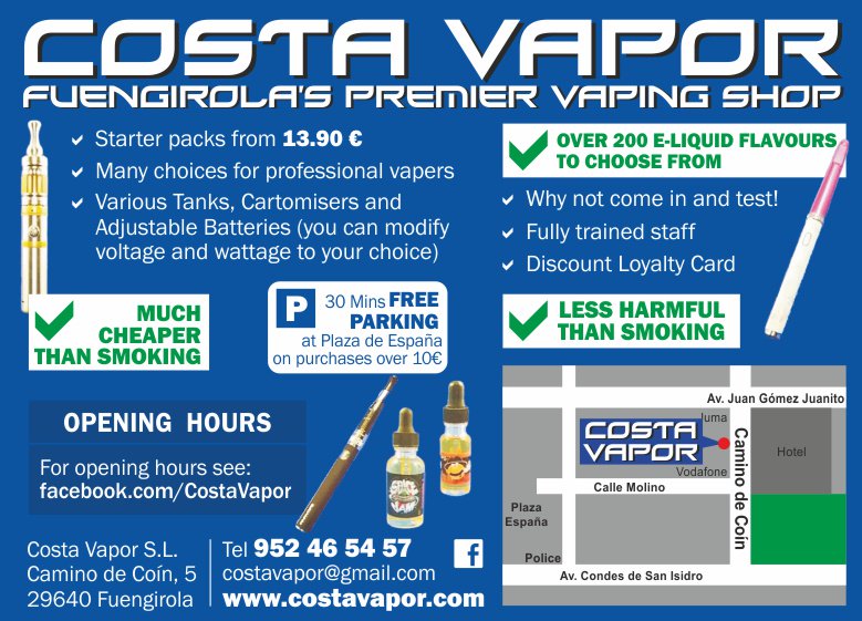 KeyMediaNetWork's tweet image. Costa Vapor has a vast choice of vaping fluids and E-cigarettes #CostaVapor #Vaping #LaCalaDeMijas #LaCala #Marbella #CostaDelSol #Fuengirola #PuertoBanus #MalagaAirport