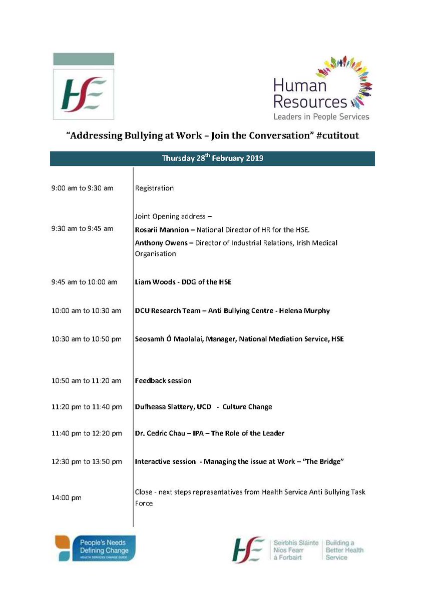 HSE_HR's tweet photo. Join the conversation #cutitout please email ask.hr@hse.ie to see how you can get involved in our organisational wide Anti-Bullying Awareness Day on the 28th February #respect #civility #engaginghealthstaff #everyonesbusiness #positiveatwork https://t.co/iLLZRAqGUU