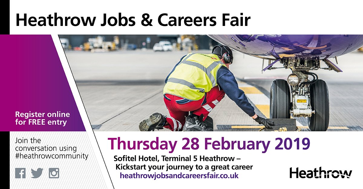 The 12th annual Heathrow Jobs &amp; Careers Fair is just around the corner!
Members of our team will be ready to help find your next career move at Heathrow on 28 February - come and meet us to learn more about the opportunities available!✈
#heathrowcommunity @yourHeathrow