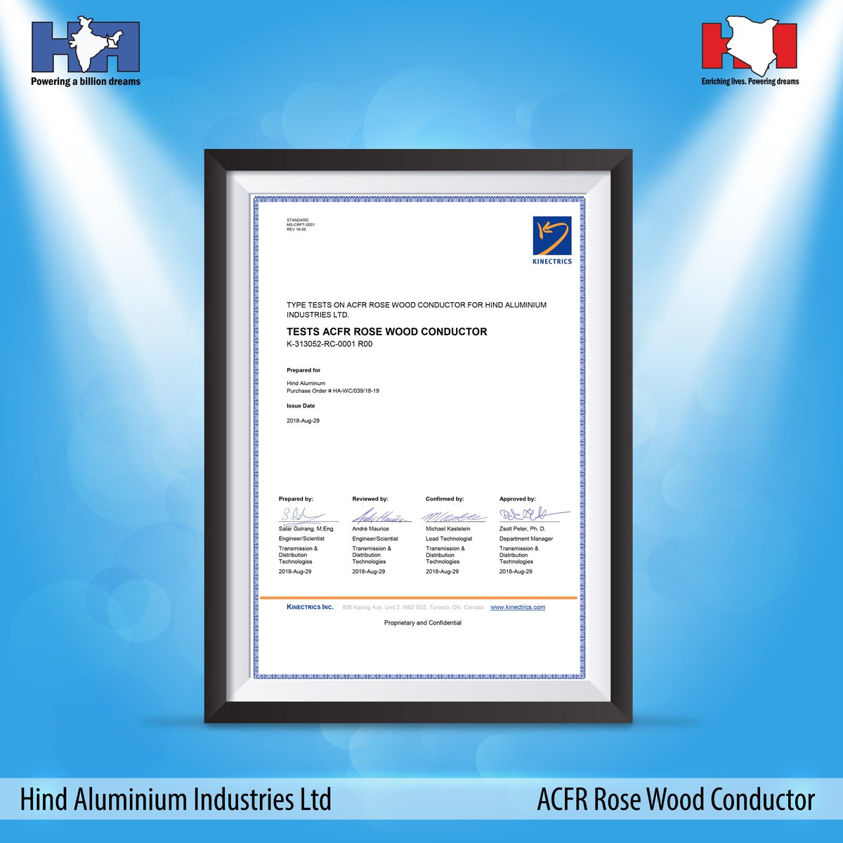 hindaluminium's tweet photo. Yet another Milestone Achieved by Team #HindAluminium!
We are pleased to share that our ACFR Conductor is successfully Type Tested at M/S #Kinectrics, #Canada &amp; ACSS Conductor at M/S #TagCorporation with our #clients &amp; #industryexperts. To know more, visit https://t.co/hcchDfB8gI https://t.co/kCLUdvVfVB