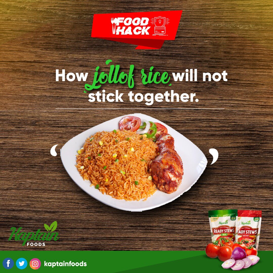 kaptainfoods's tweet photo. This is how to make sure your Jollof rice doesn’t stick together.

Tag a friend to learn this #foodhack #jollofrice #nigerianfood #cheftricks #tagafriend #kaptainfoods #readystews https://t.co/1tQ7t2a55v