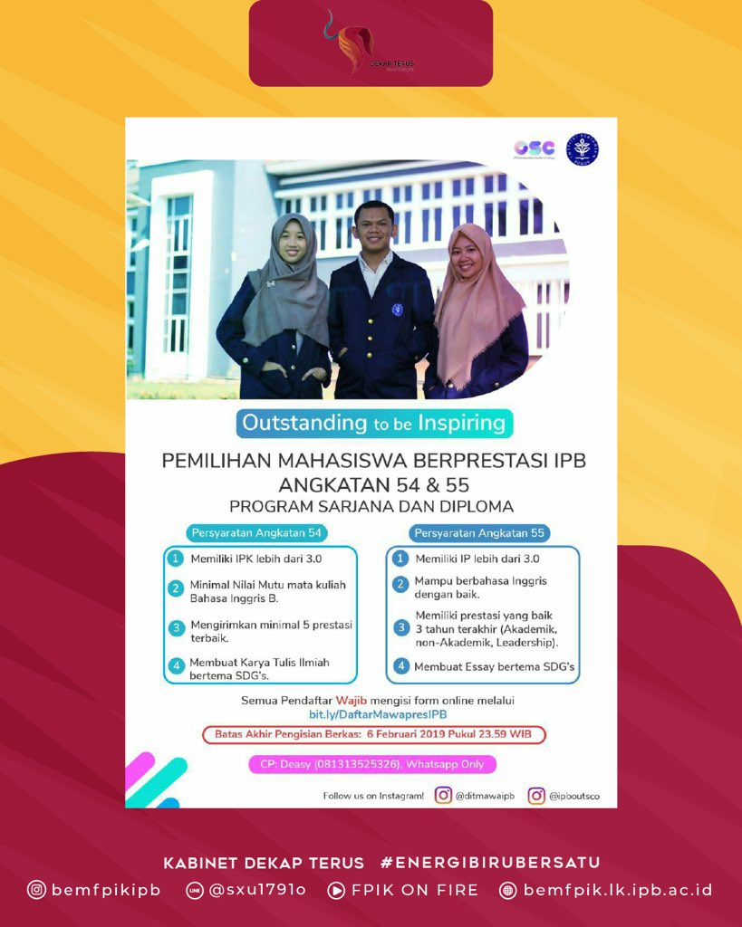 [Pemilihan Mahasiswa Berprestasi IPB Angkatan 54 dan 55 Program Sarjana dan Diploma tahun 2019]

Yeeey, format baru pemilihan Mawapres IPB 2019 telah dibuka, ayooo bagi kamu angkatan 54 dan 55 segera daftar.

Info selengkapnya: instagram.com/p/BtTE585gCis/…