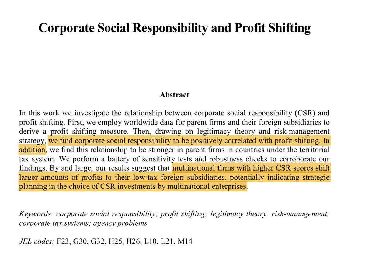 BJMbraun's tweet photo. More corporate social responsibility --> more profit shifting

Wish I had known of this result at the time of the heinousness that was the marketing class Munich Uni (outrageously) forced its econ students to take
https://t.co/Ly7iWfG3rx https://t.co/udM20EI70H