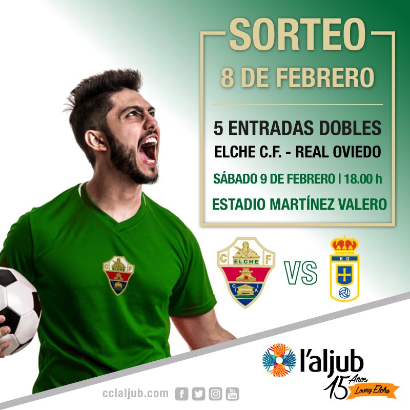laljub's tweet photo. ¡Sorteamos ⚽ 5 ENTRADAS DOBLES ⚽ para disfrutar GRATIS del partido @elchecfoficial 🆚 Real Oviedo de este sábado! ¿Quieres ganar?
✅ Sigue a @laljub en Twitter
✅ Haz RT 🔃 de este tuit

‼ Fin del sorteo 08/02/2019 a las 09h.
⚠ Lee bases legales > https://t.co/baBZ2Y8icE. https://t.co/mhAPKUADPG