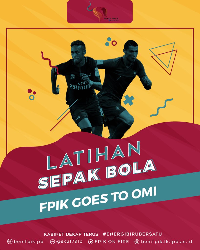 [LATIHAN SEPAK BOLA FPIK]

Halo Civitas FPIK!
Untuk kamu yang suka sepak bola, kami mengajak kamu untuk bergabung di SEPAK BOLA FPIK, Yuk ikutan latihannya 😉

Kapan tuh: 📆 : Sabtu, 2 Februari2019
⏰: 15.00 - Selesai
🏠: Gelora Gymnasium IPB