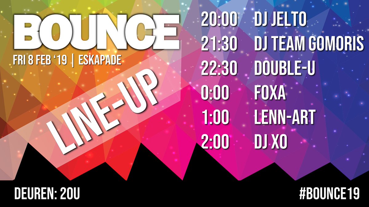bounce__party's tweet photo. 😎 Zoals beloofd: #bounce19 heeft een waanzinnige line-up! 🙌

Welkom #foxa, #Double-U, @LennartRul , #djxo, @djteamgomoris en #jelto 🔥🔥 https://t.co/vIwUzv2Kkj