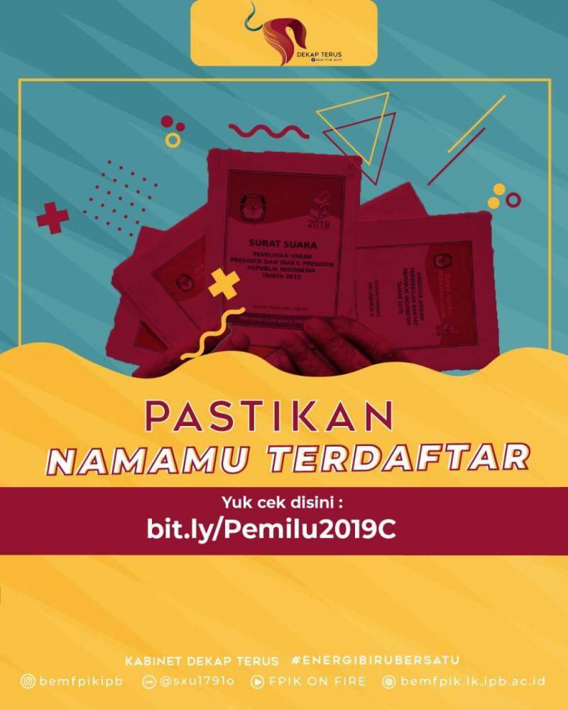 [PENGISIAN FORM A5 DIPERPANJANG] 

Halo Mahasiswa FPIK! 
Buat kamu yang belum sempat isi form ini. Yuk sama-sama kita perjuangkan hak pilih kita 

Yuk cek disini: 
Bit.ly/Pemilu2019C 
Bit.ly/Pemilu2019C
Bit.ly/Pemilu2019C